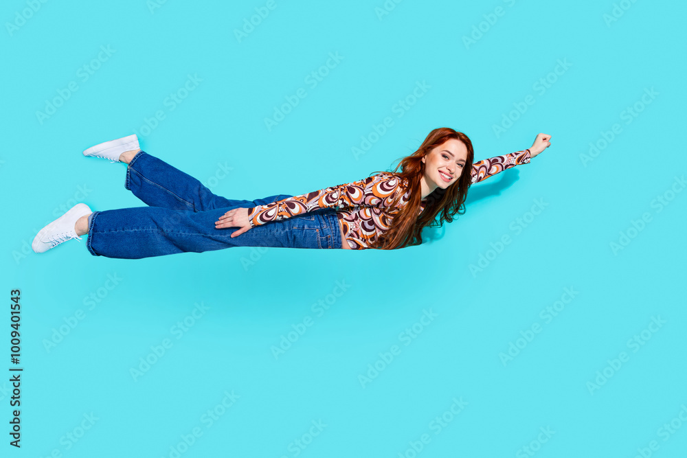 Canvas Prints Full length photo of lovely young lady flying superhero imagination dressed stylish colorful garment isolated on cyan color background