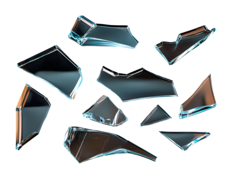 Collection set of broken glass shards isolated on transparent or white background