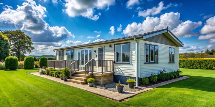 Modern Manufactured Home in a Scenic Setting with Green Grass and Blue Sky for Outdoor Living