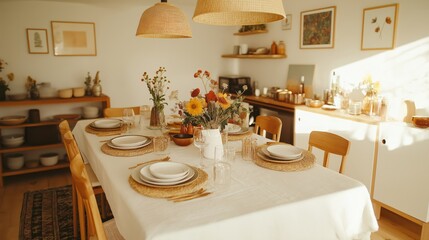 Scandinavian dining room with floral d&eacute;cor and warm lighting for spring gatherings