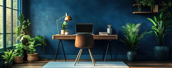 Stylish workspace adorned with plants, featuring a wooden desk, lamp, and computer against a vibrant blue wall.