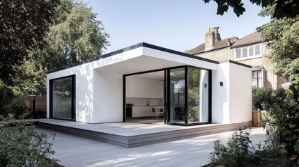 Stylish house extension showcasing modern design with elegant white accents in europe