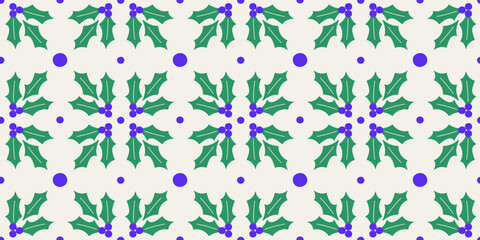 Christmas holly flowers, modern abstract floral seamless pattern design. Hand drawn vector holiday illustration, creative repeatable background for Christmas, festive design