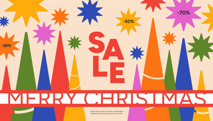 Merry Christmas sale banner template, season discount offer promotion. Holiday greeting poster design with inscription. Modern vector illustration of abstract Christmas stars and trees