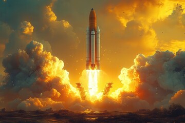 a stunning rocket launch bursts into the sky set against a vibrant yellow background symbolizing adventure and the thrill of exploration beyond earth