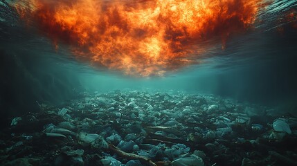 Fototapeta premium A fiery sunset shines through the murky water, illuminating plastic pollution on the ocean floor.