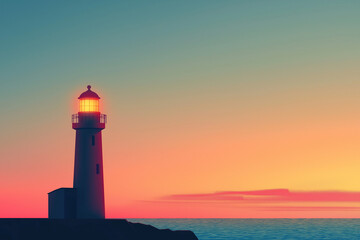 Lighthouse at sunset, tranquil mood, glowing beacon, colorful gradient sky