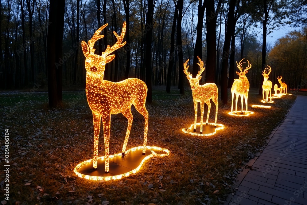 Poster a magical forest filled with glowing animals, where the fauna is illuminated by soft, mystical light