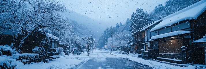 A Japanese landscape covered in freshly fallen snow, 