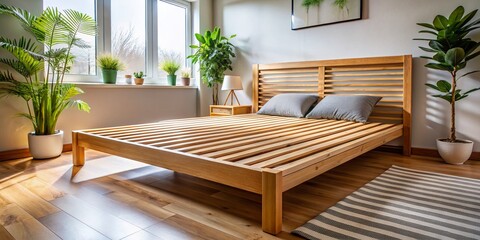 Modern wooden bed frame slats for mattress support in a stylish bedroom interior design concept