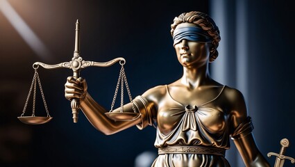 Impartial Authority Bronze Statue of Lady Justice with Blindfold, Scales, and Sword Against a Dark Background, Highlighting Intricate Details and Symbolizing Dignity and Fairness, 3D Render