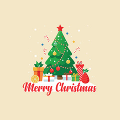 Merry Christmas Day pine tree with gift box vector