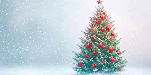 Obraz premium A vibrant red-and-green Christmas tree adorned with sparkling ornaments, standing tall against a snowy white background.