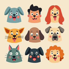 Obraz premium Collection of cute cartoon animal and human faces with playful expressions on a beige background.