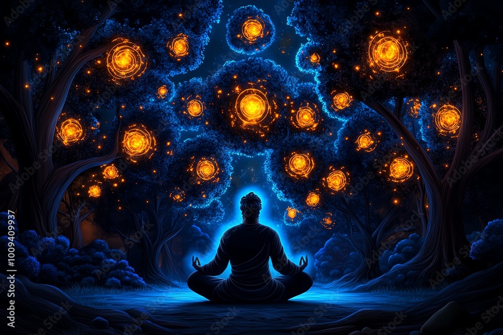 Poster a magical stoic philosopher meditating in an enchanted forest, surrounded by glowing trees and ether