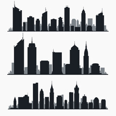 Obraz premium Illustrated silhouettes of three iconic city skylines featuring diverse architectural styles against a plain background.