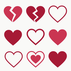 A collection of nine red and pink heart designs, including broken and whole hearts, against a white background.
