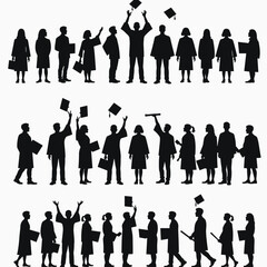 Silhouette of diverse graduates celebrating with caps and diplomas in hand.