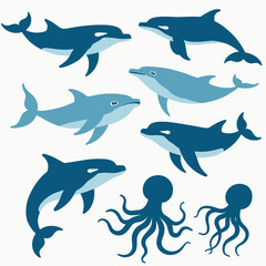 Obraz premium Illustration of dolphins and octopuses in a playful marine-themed design, featuring various shades of blue.