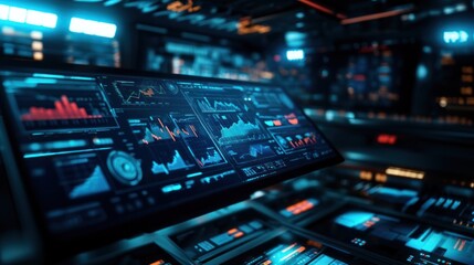 Obraz premium Futuristic touchscreen filled with dynamic data charts and graphs transportation electronics aircraft.