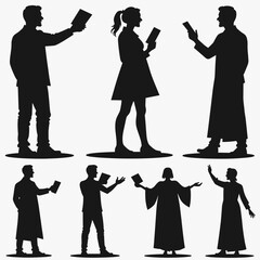 Silhouettes of diverse individuals holding books, engaging in discussion and presentation.