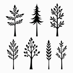 Fototapeta premium A collection of six stylized tree silhouettes against a white background, showcasing diverse shapes and leaf patterns.