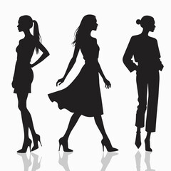 Silhouettes of three women in fashionable poses, each demonstrating unique styles and elegance, highlighted against a white background.