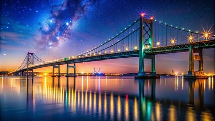 Obraz premium Nighttime View of the Delaware Memorial Bridge Illuminated Against a Starry Sky and Calm Waters