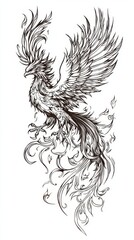 Obraz premium Simple line drawing of a phoenix with flames, white background, tattoo design 
