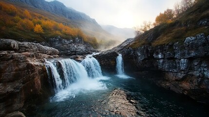 Fototapeta premium Majestic Waterfall Cascading Over Sharp Cliffs