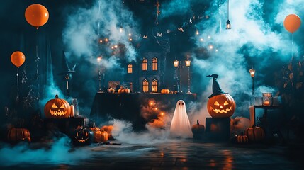 A Halloween party photo booth setup with a backdrop of a haunted house and props like witch hats, ghost masks, and vampire fangs for guests to use