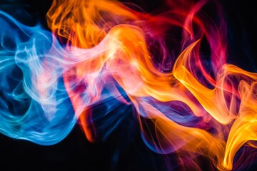 Fototapeta premium Vibrant abstract smoke swirls create a stunning visual effect. The mix of colors like blue, orange, and pink captivates the viewer. Perfect for artistic backgrounds. Generative AI