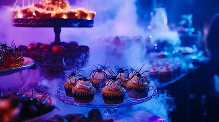 A table filled with Halloween-themed treats and snacks, including cupcakes with spider decorations, candy bowls, and a punch bowl surrounded by mist from dry ice