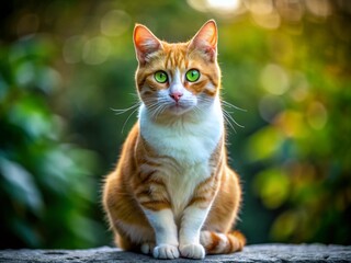 Obraz premium Orange and White Cat with Striking Green Eyes Sitting Gracefully on a Soft Surface in Natural Light