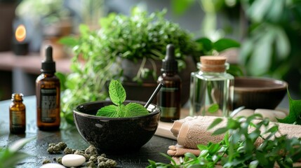 A table with a bowl of mint and a few bottles of essential oils