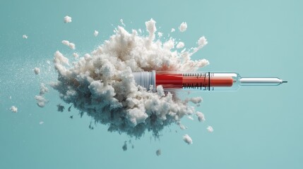 A syringe emerging from a cloud of powder, symbolizing medical or scientific themes.