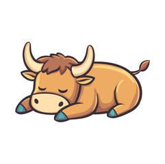 Cute bull laying on floor flat illustration