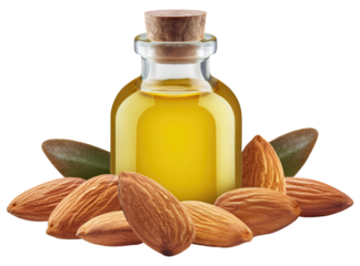 Almond oil in a bottle with almonds Isolated on Transparent Background.