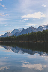 A serene mountain lake reflects a clear blue sky and snow-capped peaks. Lush green forests line the shoreline. The tranquil scene is perfect for relaxation, with the calm waters and majestic mountains