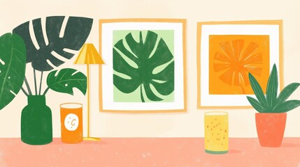 Vibrant modern interior with leaf art decor and stylish accents