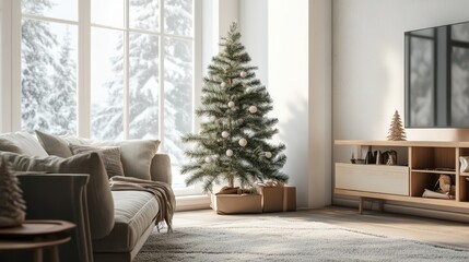 Cozy Winter Living Room with Christmas Tree and Snow Landscape