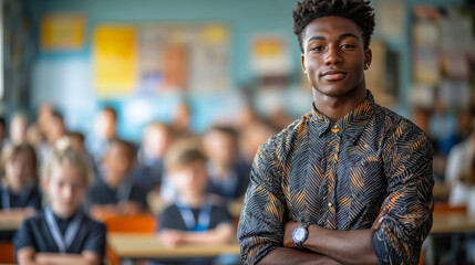 Fototapeta premium A dedicated teacher stands confidently in front of his engaged classroom of young students during a vibrant school day