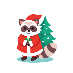 Merry Christmas raccoon  with pine tree and snta dress