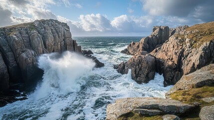 A dramatic coastal scene with crashing waves against rugged cliffs under a cloudy sky.