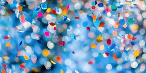 Colorful confetti falling on a dark blue background colorful bokeh party.