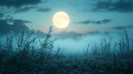 Fototapeta premium Mystical Moonlight Over Foggy Field