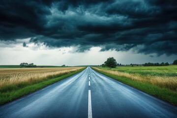 Naklejka premium A dramatic road scene under dark, stormy clouds, suggesting an impending storm.