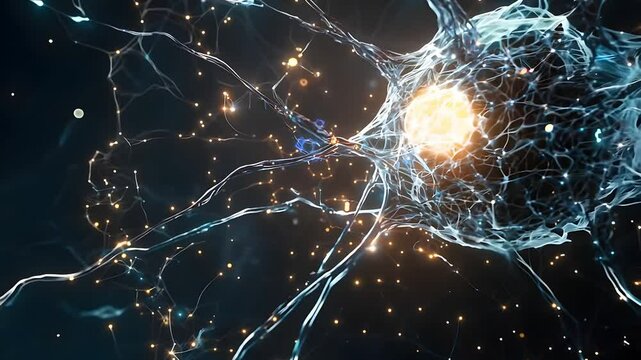 A detailed representation of a neuron illuminated by sparkling particles illustrating the complexity of neural connections and brain activity