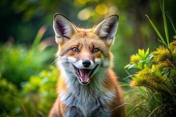 Fototapeta premium Playful Fox Laughing in a Natural Setting, Capturing the Joy of Wildlife in a Vibrant Environment