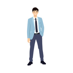 Asian business man in blue suit with hand inside pocket. Flat vector illustration isolated on white background